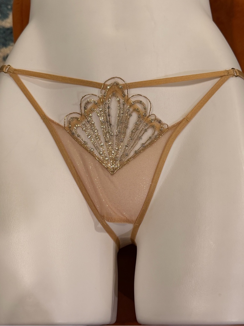Victoria's Secret Sheer Mesh Thong Panty in Tan with Gold Embroidery